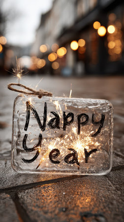 Festive scene captures a joyful New Year message illuminated by sparklers resting in a charming street setting lined with lights.の素材
