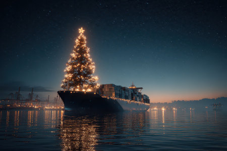 A cargo ship floats peacefully in the water adorned with a brightly lit Christmas tree on its deck celebrating the New Year with joy.の素材
