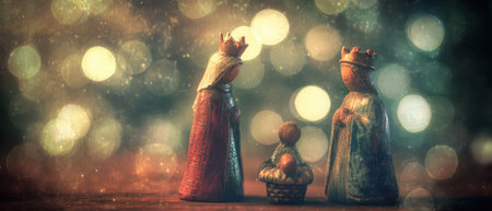 A serene nativity scene with Mary Joseph and baby Jesus glows softly against a festive bokeh backdrop celebrating the New Year.の素材