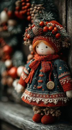 A charming handmade doll stands against a backdrop of holiday decorations embodying the spirit of New Year with vibrant colors and seasonal flair.の素材