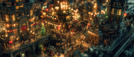 A vibrant steampunk village comes to life during the New Year adorned with lights and decorations as joyful scenes unfold in a magical setting.の素材