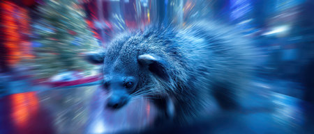 A small creature dashes through a bright futuristic city lights sparkling during exhilarating New Year celebrations.の素材