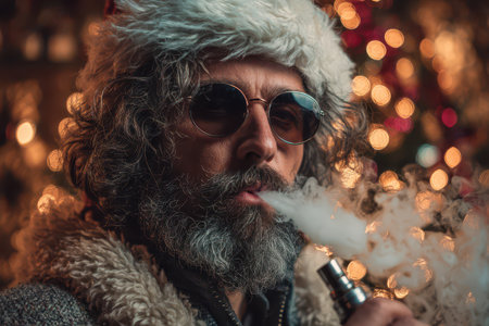 A charming man in a Santa Claus hat exhales vapor from a vape surrounded by warm and cheerful New Year decorations and lights.の素材