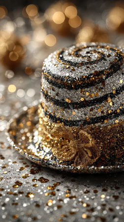 A shiny decorated hat rests on a shimmering surface scattered with golden confetti capturing the festive spirit of New Year celebrations.の素材