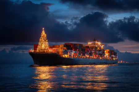 A large container ship sails on the sea decorated with colorful Christmas lights and a shining tree celebrating New Year under the evening sky.の素材
