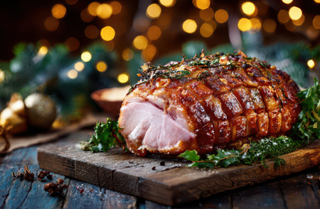 A beautifully glazed pork ham rests on an old wooden table surrounded by greenery and glowing holiday lights. Perfect for New Year celebrations.の素材
