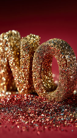 Gold NO letters sparkle with glitter on a red background embodying the festive New Year spirit.の素材