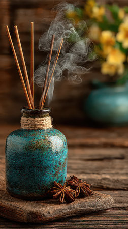 A beautiful aroma diffuser sits on a wooden table releasing gentle smoke. Colorful flowers and a turquoise jar create a festive New Year vibe.の素材