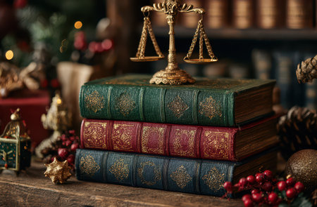 Stacked law books adorned with a golden scale sit amidst festive decorations symbolizing the balance of justice during the New Year celebrations.の素材