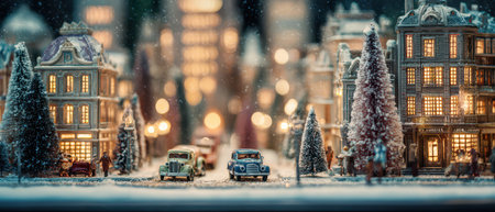 In a cozy cityscape vintage cars navigate snowy streets lined with glowing buildings. A festive atmosphere fills the air as Christmas lights twinkle.の素材