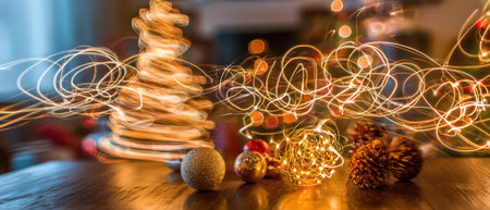 Bright swirling lights dance around a decorated Christmas tree.の素材
