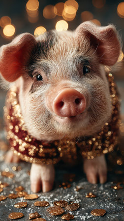 A playful piglet dressed in shiny accessories sits happily ready to enjoy the New Year festivities surrounded by golden decorations.の素材
