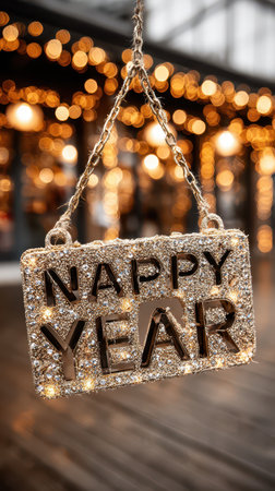 A sparkling sign reads Nappy Year hanging in a lively celebration space filled with twinkling lights and holiday cheer.の素材
