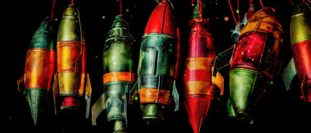 Bright and vibrant retrorockets hang together illuminated against a dark background creating a festive atmosphere for New Year celebrations.の素材