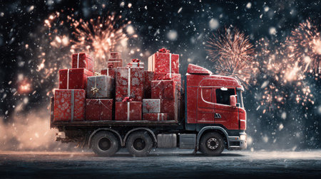 A vibrant red truck is loaded with large gift boxes set against a snowy winter scene with colorful fireworks lighting up the night sky.の素材