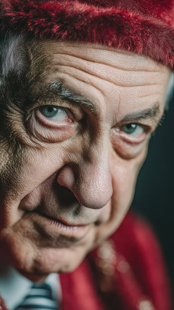 An elderly man dressed in traditional festive attire shows a thoughtful expression as he welcomes the New Year.の素材