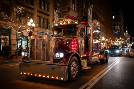 A vintage semi truck with bright headlights drives through festive city streets adorned with holiday lights celebrating New Year festivities.の素材