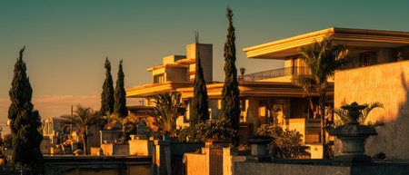 As the golden hour bathes the necropolis in warm light art deco buildings stand tall creating a stunning scene for New Years reflections.の素材