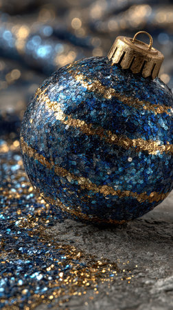 A beautiful blue ornament adorned with golden stripes sits on a shimmering surface capturing the essence of New Year celebrations and joy.の素材