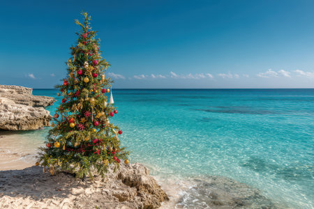 A colorful Christmas tree stands proudly on the beach surrounded by soft sands and bright blue waters welcoming the New Year with joy.の素材