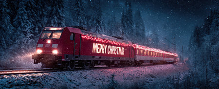 A red train adorned with lights and festive decorations travels through a snowy landscape spreading joy during the New Year celebration.の素材