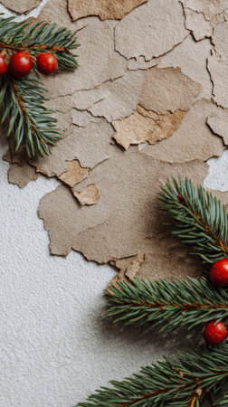 Decorative arrangement featuring green pine branches and red berries against textured background ideal for New Year celebrations and seasonal crafts.の素材