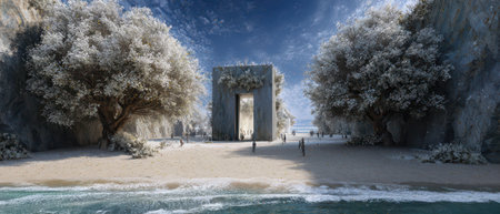 A mystical orthogonal mithraeum stands on a serene beach as people gather to celebrate the New Year amidst ethereal surroundings.の素材