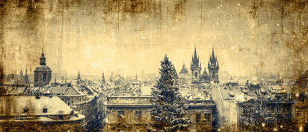 Snow blankets the rooftops as vintage buildings glow under festive lights capturing the magic of New Year celebrations in a cityscape.の素材