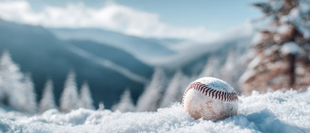 Snow covers a baseball in a serene mountain landscape capturing the spirit of New Year celebrations and the joy of the game.の素材