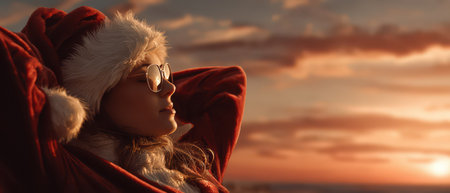 During golden hour a girl in a Santa costume relaxes under a colorful sky celebrating the New Year with joy and peace.の素材