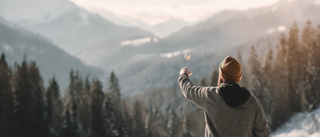 A person throws a knuckleball into the mountain air to celebrate New Year. Snowy peaks surround the joyful scene creating a festive atmosphere.の素材