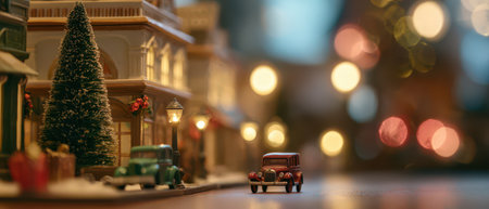 Tiny vintage cars drive past a festive street filled with holiday decorations. Bright lights twinkle creating a warm and joyful holiday atmosphere.の素材