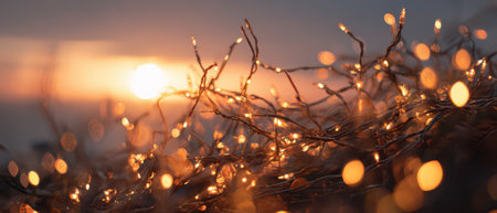 Warm lights glow against the darkening sky at sunset celebrating the arrival of a new year. The scene captures hope and reflection.の素材