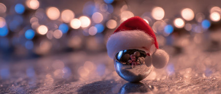 A shiny silver orb wearing a tiny red hat reflects soft lights and festive cheer capturing the spirit of New Year celebrations in macro detail.の素材