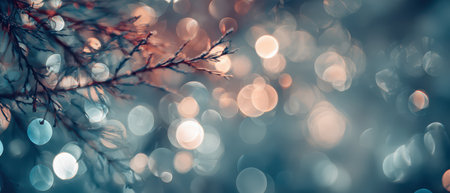 Soft bokeh lights shimmer in the background while branches frame the scene evoking warmth and joy for the New Year celebration.の素材