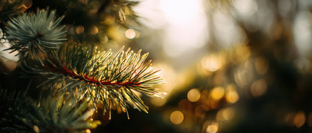 The beauty of pine branches adorned with a dreamy bokeh effect celebrating the joyous vibe of New Year festivities.の素材