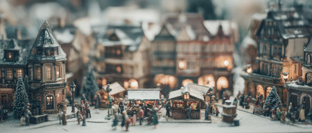 A charming vintage Christmas market is alive with people celebrating the New Year. Stalls flaunt festive decorations inviting visitors to share joy.の素材