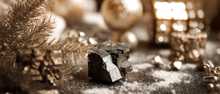 Festive decorations set the scene for a vintage New Year celebration featuring hemiclastic forms amidst golden trinkets and winter cheer.の素材