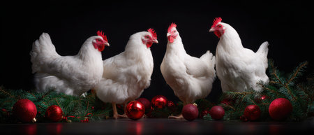 Four cheerful chickens gather around vibrant red ornaments and green foliage creating a festive scene for New Year celebrations.の素材