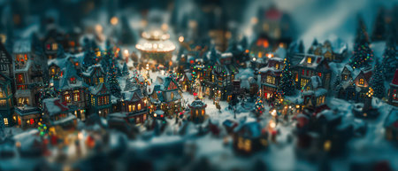 In a whimsical village tiny houses brim with festive lights and cheer as joyful inhabitants celebrate the New Year in a snowy wonderland.の素材