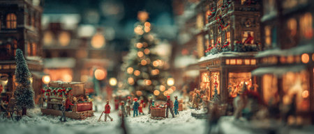 Tiny figures fill a winter market as soft lights glow capturing the magic of Christmas festivities and the spirit of New Year celebrations.の素材