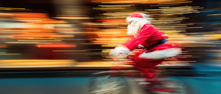 A joyful Santa Claus rides a bicycle through a lively street adorned with shimmering holiday lights capturing the spirit of Christmas excitement.の素材