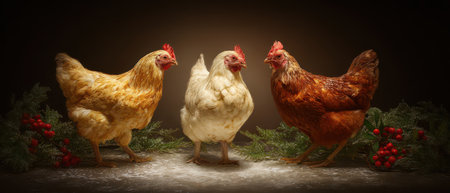 Three vibrant chickens gather together surrounded by pine and red berries as they ring in the New Year with a joyful glow.の素材