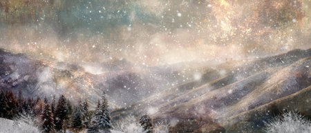 Snowflakes softly fall on a serene mountain scene creating a dreamlike atmosphere that captures the spirit of New Year celebrations in nature.の素材