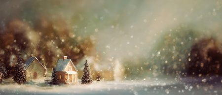 In a tranquil winter scene snowflakes drift over cozy homes and evergreens crafting a magical vibe for New Year celebrations.の素材