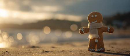 A cheerful gingerbread figure dressed warmly stands on the sandy beach at sunset during New Year festivities creating a cozy scene.の素材