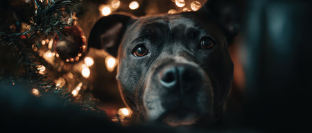 In a warm living room a grey dog watches glowing Christmas lights near a decorated tree capturing the magic of holiday cheer with soulful eyes.の素材