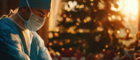 A dedicated surgeon focuses on their task as warm golden light from the setting sun fills the room highlighting the holiday decorations.の素材