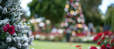 Decorative flowers and festive trees create a magical atmosphere in the garden during a joyful New Year celebration surrounded by bokeh lights.の素材