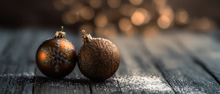 Golden ornaments rest on a rustic wooden surface surrounded by soft snowflakes.の素材